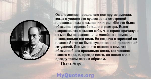 Ошеломление преодолело все другие эмоции, когда я увидел это существо на смотровой площадке, лежа в ожидании игры. Ибо это была обезьяна, горилла большого размера. Было напрасно, что я сказал себе, что теряю причину: я