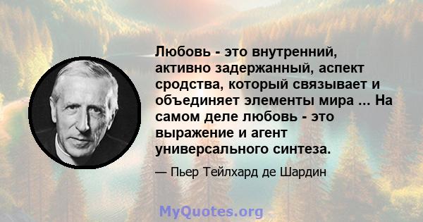 Любовь - это внутренний, активно задержанный, аспект сродства, который связывает и объединяет элементы мира ... На самом деле любовь - это выражение и агент универсального синтеза.