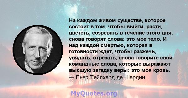 На каждом живом существе, которое состоит в том, чтобы выйти, расти, цвететь, созревать в течение этого дня, снова говорят слова: это мое тело. И над каждой смертью, которая в готовности ждет, чтобы разжечь, увядать,