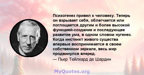 Психогенез привел к человеку. Теперь он взрывает себя, облегчается или поглощается другим и более высокой функцией-создание и последующее развитие ума, в одном словом нугенез. Когда инстинкт живого существа впервые