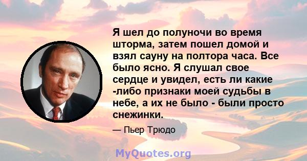 Я шел до полуночи во время шторма, затем пошел домой и взял сауну на полтора часа. Все было ясно. Я слушал свое сердце и увидел, есть ли какие -либо признаки моей судьбы в небе, а их не было - были просто снежинки.