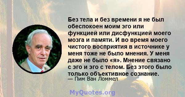 Без тела и без времени я не был обеспокоен моим эго или функцией или дисфункцией моего мозга и памяти. И во время моего чистого восприятия в источнике у меня тоже не было мнения. У меня даже не было «я». Мнение связано