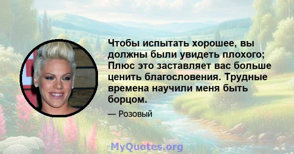 Чтобы испытать хорошее, вы должны были увидеть плохого; Плюс это заставляет вас больше ценить благословения. Трудные времена научили меня быть борцом.