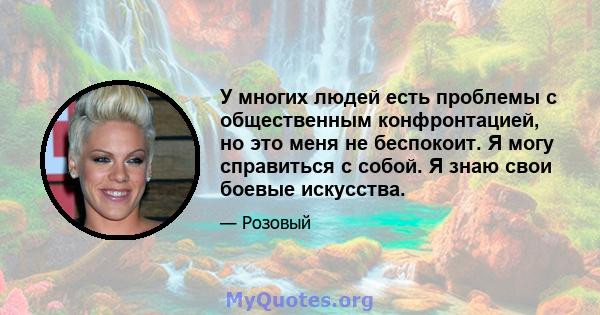 У многих людей есть проблемы с общественным конфронтацией, но это меня не беспокоит. Я могу справиться с собой. Я знаю свои боевые искусства.