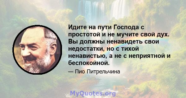 Идите на пути Господа с простотой и не мучите свой дух. Вы должны ненавидеть свои недостатки, но с тихой ненавистью, а не с неприятной и беспокойной.