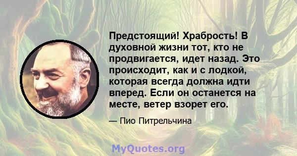 Предстоящий! Храбрость! В духовной жизни тот, кто не продвигается, идет назад. Это происходит, как и с лодкой, которая всегда должна идти вперед. Если он останется на месте, ветер взорет его.