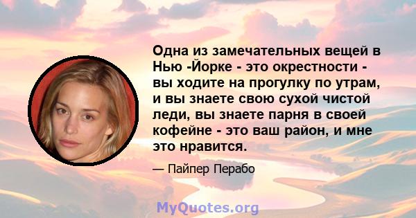 Одна из замечательных вещей в Нью -Йорке - это окрестности - вы ходите на прогулку по утрам, и вы знаете свою сухой чистой леди, вы знаете парня в своей кофейне - это ваш район, и мне это нравится.