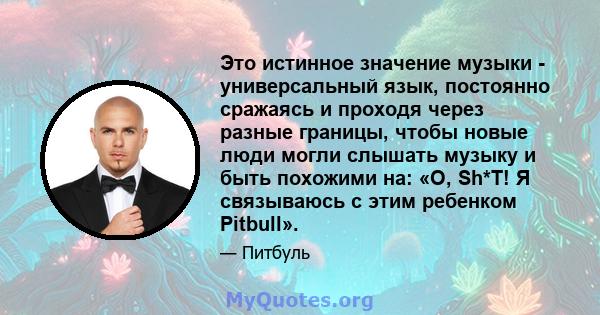 Это истинное значение музыки - универсальный язык, постоянно сражаясь и проходя через разные границы, чтобы новые люди могли слышать музыку и быть похожими на: «О, Sh*T! Я связываюсь с этим ребенком Pitbull».