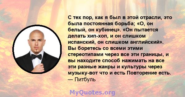 С тех пор, как я был в этой отрасли, это была постоянная борьба; «О, он белый, он кубинец». «Он пытается делать хип-хоп, и он слишком испанский, он слишком английский». Вы боретесь со всеми этими стереотипами через все