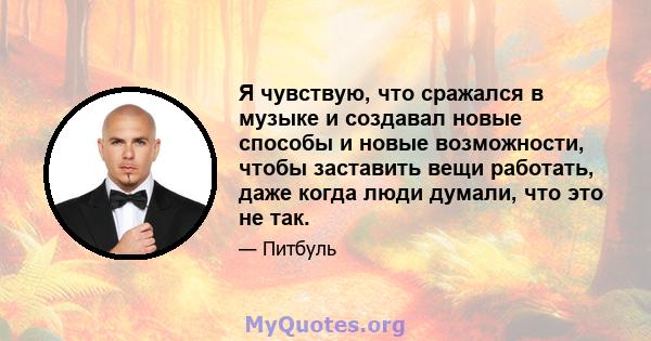 Я чувствую, что сражался в музыке и создавал новые способы и новые возможности, чтобы заставить вещи работать, даже когда люди думали, что это не так.