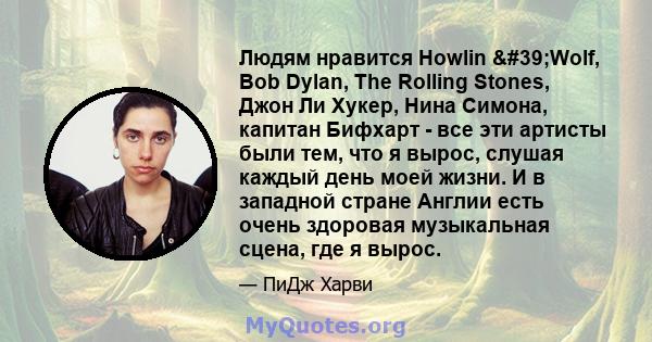 Людям нравится Howlin 'Wolf, Bob Dylan, The Rolling Stones, Джон Ли Хукер, Нина Симона, капитан Бифхарт - все эти артисты были тем, что я вырос, слушая каждый день моей жизни. И в западной стране Англии есть очень