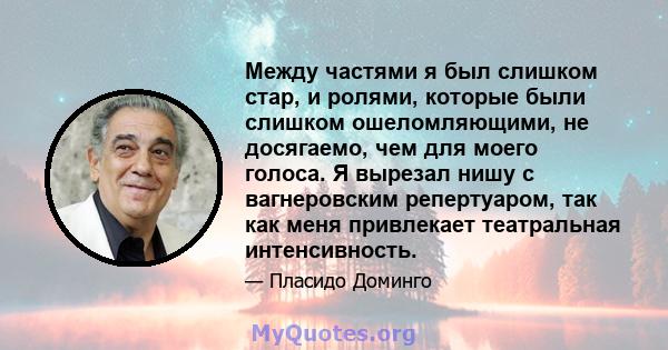 Между частями я был слишком стар, и ролями, которые были слишком ошеломляющими, не досягаемо, чем для моего голоса. Я вырезал нишу с вагнеровским репертуаром, так как меня привлекает театральная интенсивность.