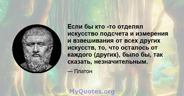 Если бы кто -то отделял искусство подсчета и измерения и взвешивания от всех других искусств, то, что осталось от каждого (других), было бы, так сказать, незначительным.