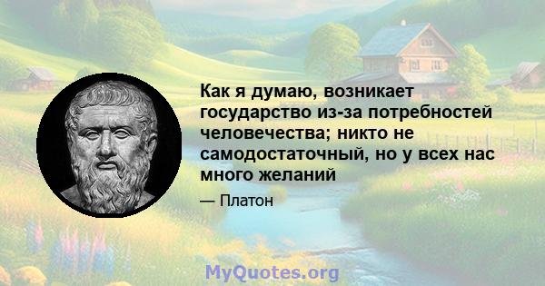 Как я думаю, возникает государство из-за потребностей человечества; никто не самодостаточный, но у всех нас много желаний