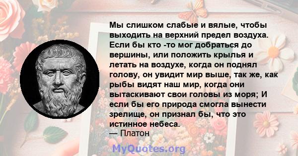 Мы слишком слабые и вялые, чтобы выходить на верхний предел воздуха. Если бы кто -то мог добраться до вершины, или положить крылья и летать на воздухе, когда он поднял голову, он увидит мир выше, так же, как рыбы видят