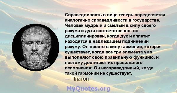 Справедливость в лице теперь определяется аналогично справедливости в государстве. Человек мудрый и смелый в силу своего разума и духа соответственно: он дисциплинирован, когда дух и аппетит находятся в надлежащем