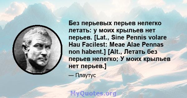 Без перьевых перьев нелегко летать: у моих крыльев нет перьев. [Lat., Sine Pennis volare Hau Facilest: Meae Alae Pennas non habent.] [Alt., Летать без перьев нелегко; У моих крыльев нет перьев.]