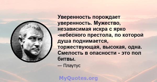 Уверенность порождает уверенность. Мужество, независимая искра с ярко -небесного престола, по которой душа поднимается, торжествующая, высокая, одна. Смелость в опасности - это пол битвы.