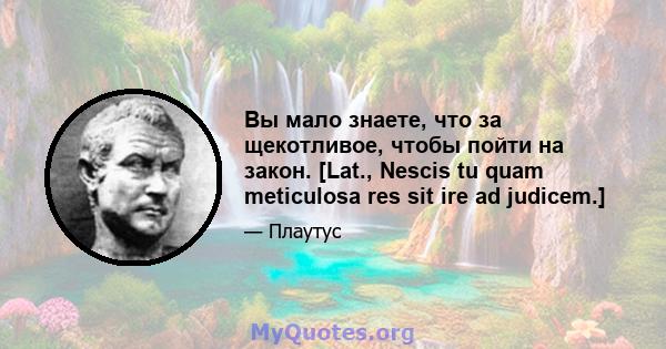 Вы мало знаете, что за щекотливое, чтобы пойти на закон. [Lat., Nescis tu quam meticulosa res sit ire ad judicem.]