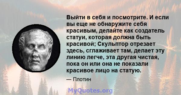 Выйти в себя и посмотрите. И если вы еще не обнаружите себя красивым, делайте как создатель статуи, которая должна быть красивой; Скульптор отрезает здесь, сглаживает там, делает эту линию легче, эта другая чистая, пока 