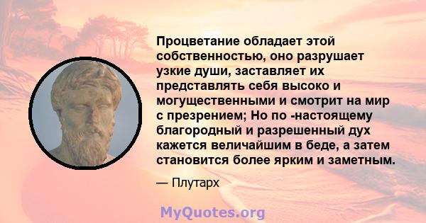 Процветание обладает этой собственностью, оно разрушает узкие души, заставляет их представлять себя высоко и могущественными и смотрит на мир с презрением; Но по -настоящему благородный и разрешенный дух кажется