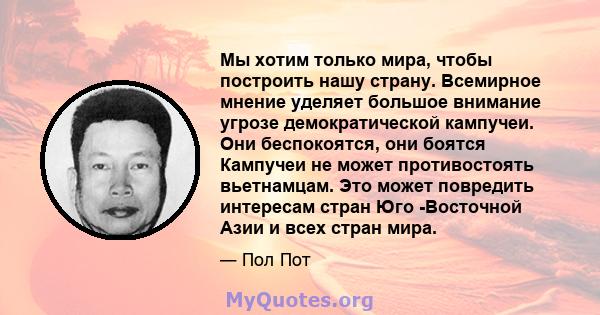 Мы хотим только мира, чтобы построить нашу страну. Всемирное мнение уделяет большое внимание угрозе демократической кампучеи. Они беспокоятся, они боятся Кампучеи не может противостоять вьетнамцам. Это может повредить