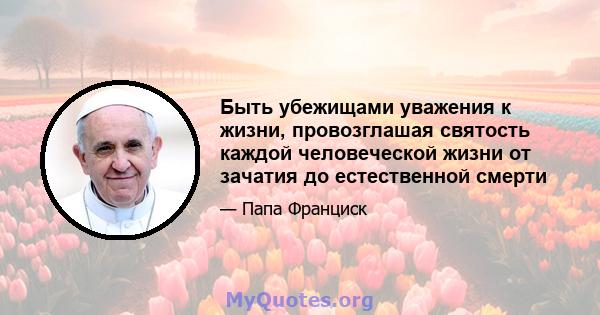 Быть убежищами уважения к жизни, провозглашая святость каждой человеческой жизни от зачатия до естественной смерти