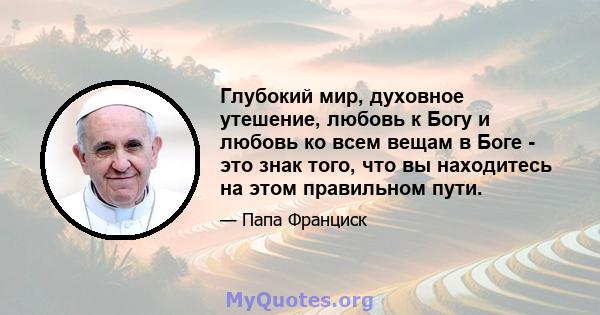 Глубокий мир, духовное утешение, любовь к Богу и любовь ко всем вещам в Боге - это знак того, что вы находитесь на этом правильном пути.