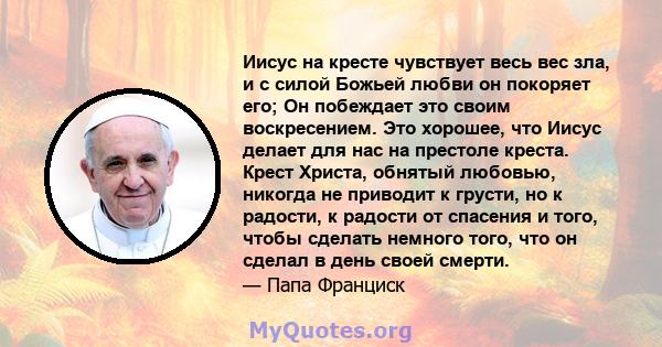 Иисус на кресте чувствует весь вес зла, и с силой Божьей любви он покоряет его; Он побеждает это своим воскресением. Это хорошее, что Иисус делает для нас на престоле креста. Крест Христа, обнятый любовью, никогда не