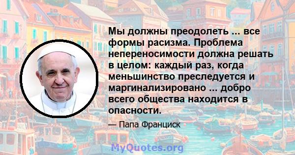 Мы должны преодолеть ... все формы расизма. Проблема непереносимости должна решать в целом: каждый раз, когда меньшинство преследуется и маргинализировано ... добро всего общества находится в опасности.