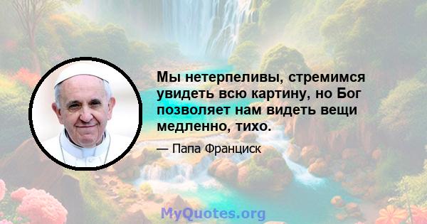 Мы нетерпеливы, стремимся увидеть всю картину, но Бог позволяет нам видеть вещи медленно, тихо.