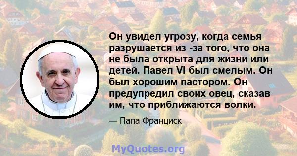 Он увидел угрозу, когда семья разрушается из -за того, что она не была открыта для жизни или детей. Павел VI был смелым. Он был хорошим пастором. Он предупредил своих овец, сказав им, что приближаются волки.