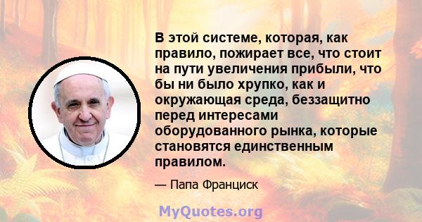 В этой системе, которая, как правило, пожирает все, что стоит на пути увеличения прибыли, что бы ни было хрупко, как и окружающая среда, беззащитно перед интересами оборудованного рынка, которые становятся единственным