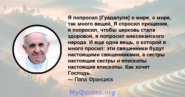 Я попросил [Гуадалупе] о мире, о мире, так много вещей. Я спросил прощения, я попросил, чтобы церковь стала здоровой, я попросил мексиканского народа. И еще одна вещь, о которой я много просил: эти священники будут