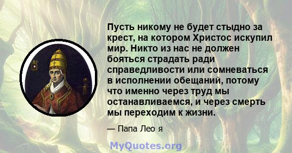 Пусть никому не будет стыдно за крест, на котором Христос искупил мир. Никто из нас не должен бояться страдать ради справедливости или сомневаться в исполнении обещаний, потому что именно через труд мы останавливаемся,