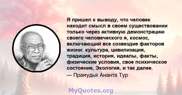 Я пришел к выводу, что человек находит смысл в своем существовании только через активную демонстрацию своего человеческого я, космос, включающий все созвездие факторов жизни: культура, цивилизация, традиция, история,