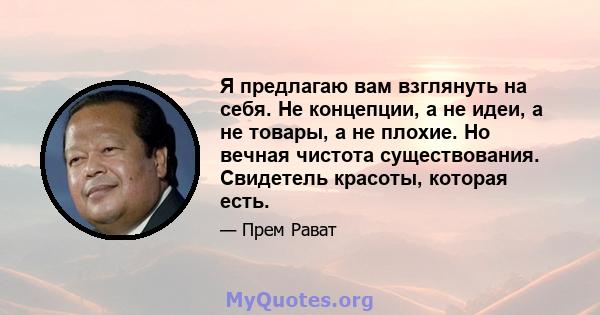 Я предлагаю вам взглянуть на себя. Не концепции, а не идеи, а не товары, а не плохие. Но вечная чистота существования. Свидетель красоты, которая есть.