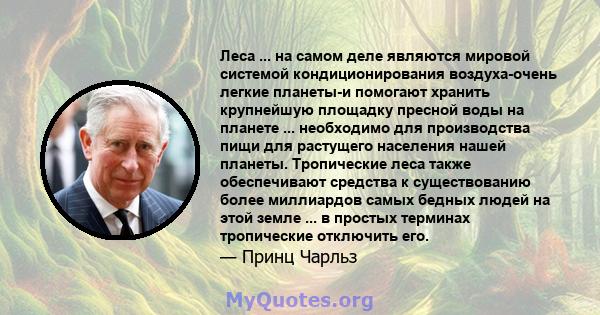 Леса ... на самом деле являются мировой системой кондиционирования воздуха-очень легкие планеты-и помогают хранить крупнейшую площадку пресной воды на планете ... необходимо для производства пищи для растущего населения 