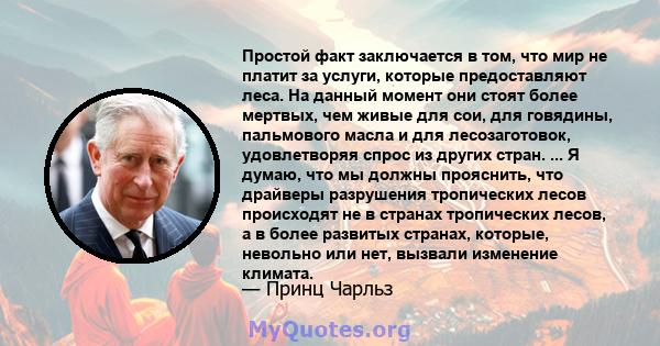 Простой факт заключается в том, что мир не платит за услуги, которые предоставляют леса. На данный момент они стоят более мертвых, чем живые для сои, для говядины, пальмового масла и для лесозаготовок, удовлетворяя