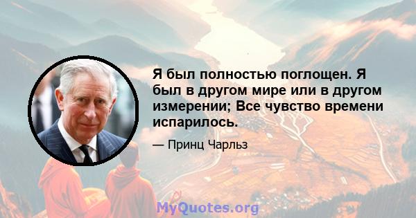 Я был полностью поглощен. Я был в другом мире или в другом измерении; Все чувство времени испарилось.