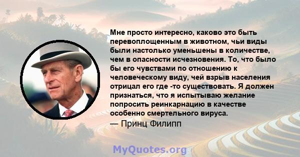 Мне просто интересно, каково это быть перевоплощенным в животном, чьи виды были настолько уменьшены в количестве, чем в опасности исчезновения. То, что было бы его чувствами по отношению к человеческому виду, чей взрыв