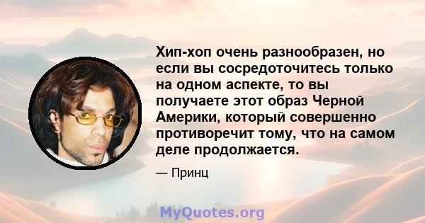 Хип-хоп очень разнообразен, но если вы сосредоточитесь только на одном аспекте, то вы получаете этот образ Черной Америки, который совершенно противоречит тому, что на самом деле продолжается.