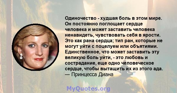 Одиночество - худшая боль в этом мире. Он постоянно поглощает сердце человека и может заставить человека ненавидеть, чувствовать себя в ярости. Это как рана сердца; тип ран, которые не могут уйти с поцелуем или