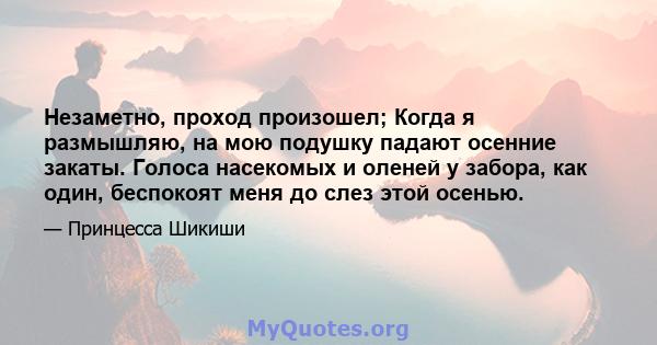 Незаметно, проход произошел; Когда я размышляю, на мою подушку падают осенние закаты. Голоса насекомых и оленей у забора, как один, беспокоят меня до слез этой осенью.