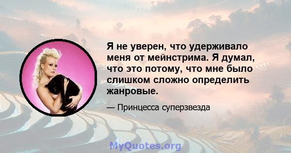 Я не уверен, что удерживало меня от мейнстрима. Я думал, что это потому, что мне было слишком сложно определить жанровые.