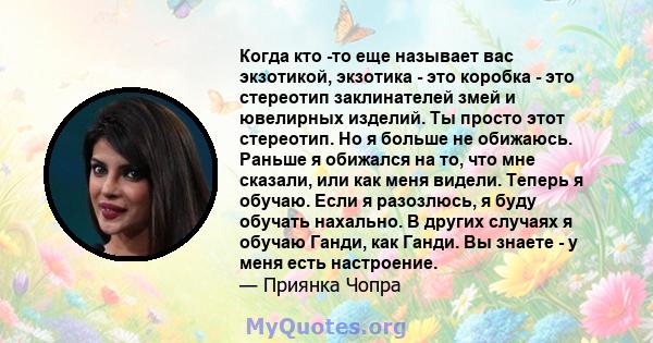 Когда кто -то еще называет вас экзотикой, экзотика - это коробка - это стереотип заклинателей змей и ювелирных изделий. Ты просто этот стереотип. Но я больше не обижаюсь. Раньше я обижался на то, что мне сказали, или