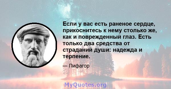 Если у вас есть раненое сердце, прикоснитесь к нему столько же, как и поврежденный глаз. Есть только два средства от страданий души: надежда и терпение.