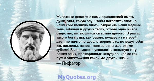 Животные делятся с нами привилегией иметь души, увы, какую злу, чтобы поглотить плоть в нашу собственную плоть, открасить наши жадные тела, забивая в других телах, чтобы одно живое существо, питающийся смертью другого!