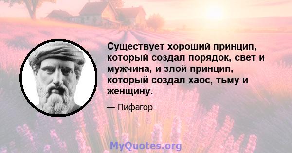 Существует хороший принцип, который создал порядок, свет и мужчина, и злой принцип, который создал хаос, тьму и женщину.