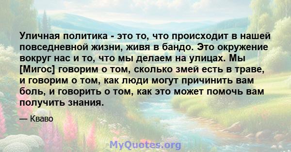 Уличная политика - это то, что происходит в нашей повседневной жизни, живя в бандо. Это окружение вокруг нас и то, что мы делаем на улицах. Мы [Мигос] говорим о том, сколько змей есть в траве, и говорим о том, как люди